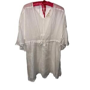 Cynthia Rowley Women 100% Linen White Sun Dress Flutter Sleeve Minimalist Sz L
